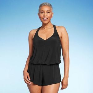 Women's UPF 50 V-Neck Racerback Swim Romper One Piece Swimsuit - Aqua Green